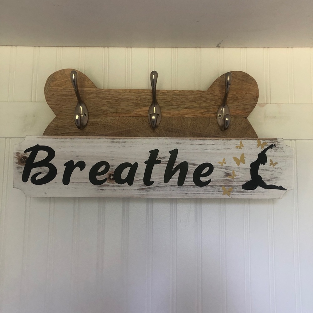 “Breathe” Yoga pose Butterflies white wood sign